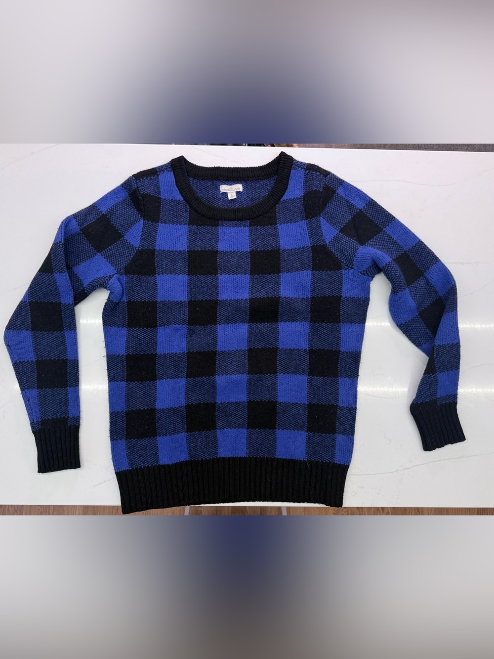 L.L. Bean Signature Blue and Black Buffalo Check Crewneck Sweater, 100% Wool
